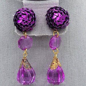 Purple Sequin Teardrop Bead Post Dangle Earrings Gold Tone Length 3 in